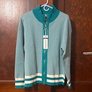 Super Prity Teal and White Zip-Up Sweater